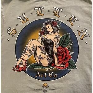 Sullen Art Collective T Shirt One Rose Graphic Pin Up Girl Sea Foam Small A125